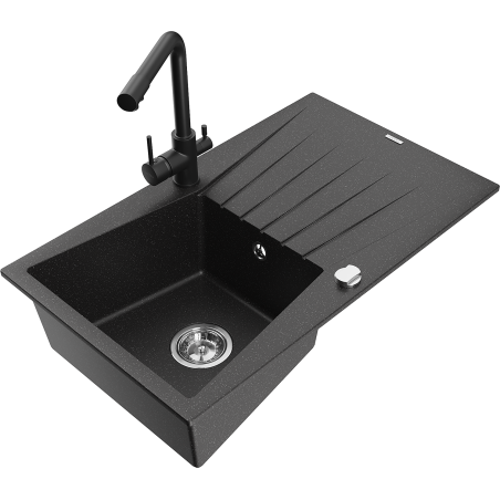 Mexen Cesar granitový dřez 1-komorový s odkapávačem a kuchyňskou baterií Duero, černý/stříbrný metalik - 6514-73-671600-70