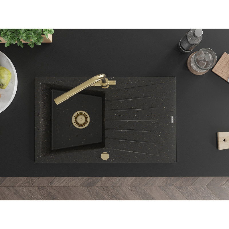 Mexen Cesar žulový dřez s 1 komorou, odkapávačem a kuchyňskou baterií Duero, černý/zlatý metalik - 6514-75-671600-50