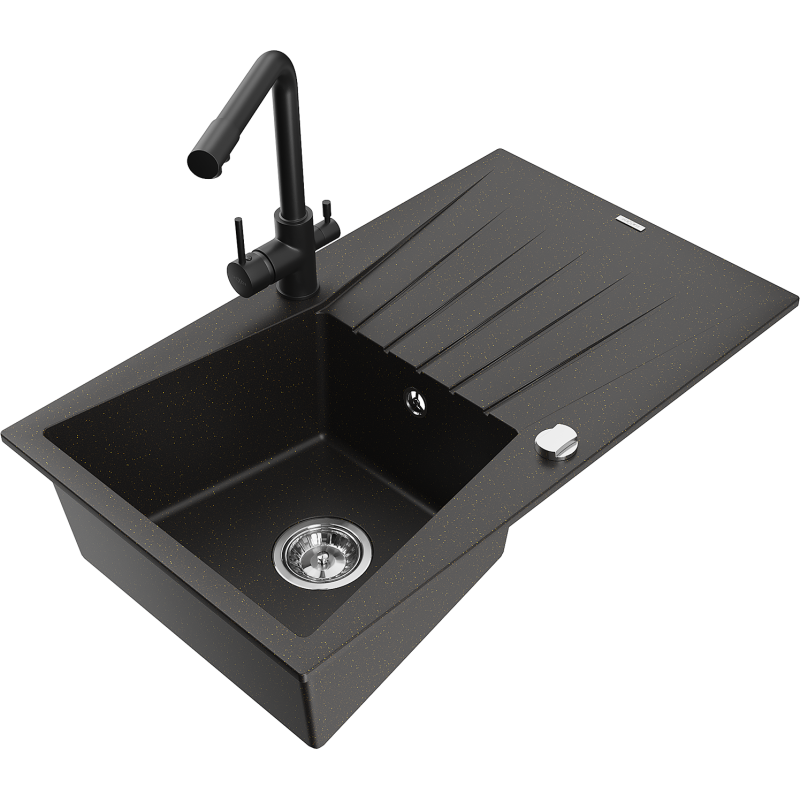 Mexen Cesar granitový dřez 1-komorový s odkapávačem a kuchyňskou baterií Duero, černý/zlatý metalický - 6514-75-671600-70