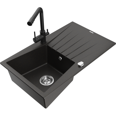 Mexen Cesar granitový dřez 1-komorový s odkapávačem a kuchyňskou baterií Duero, černý/zlatý metalický - 6514-75-671600-70
