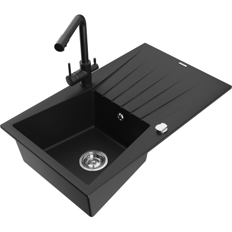 Mexen Cesar granitový dřez 1-komorový s odkapávačem a kuchyňskou baterií Duero, černý - 6514-77-671600-70