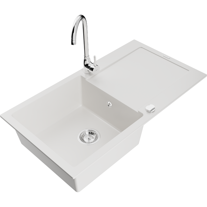 Mexen Leo granitový kuchyňský dřez 1-komorový s odkapávačem a kuchyňskou baterií Telma, bílý - 6501-20-670200-00