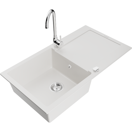 Mexen Leo granitový kuchyňský dřez 1-komorový s odkapávačem a kuchyňskou baterií Telma, bílý - 6501-20-670200-00