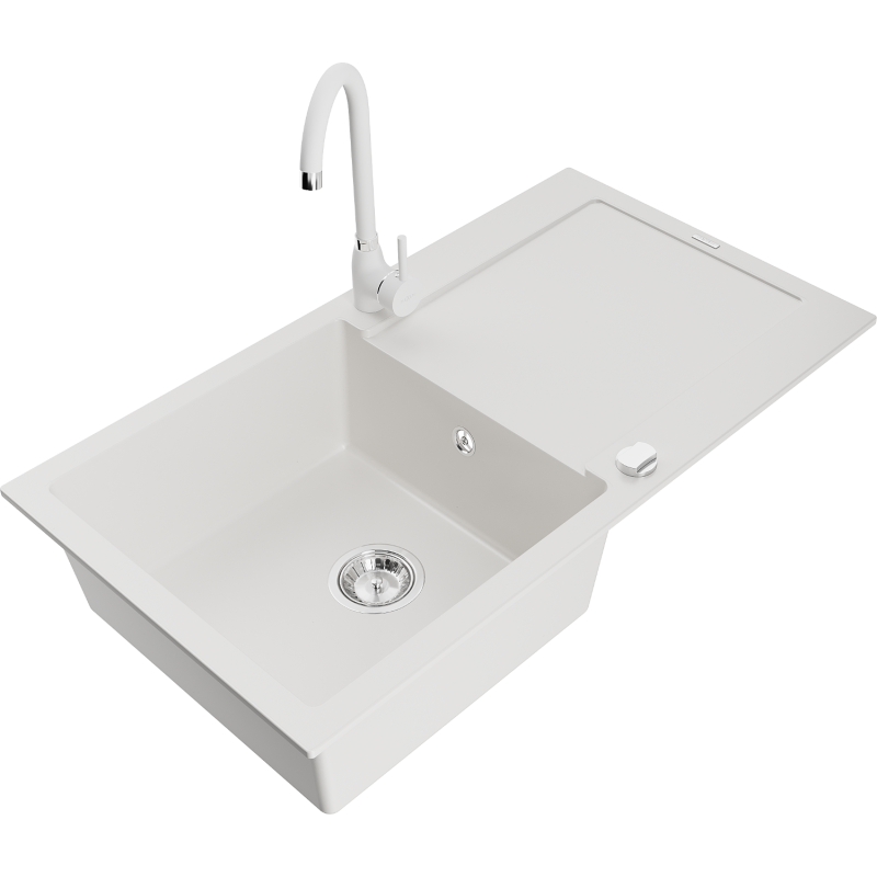 Mexen Leo granitový dřez 1-komorový s odkapávačem a kuchyňskou baterií Telma, bílý - 6501-20-670200-20