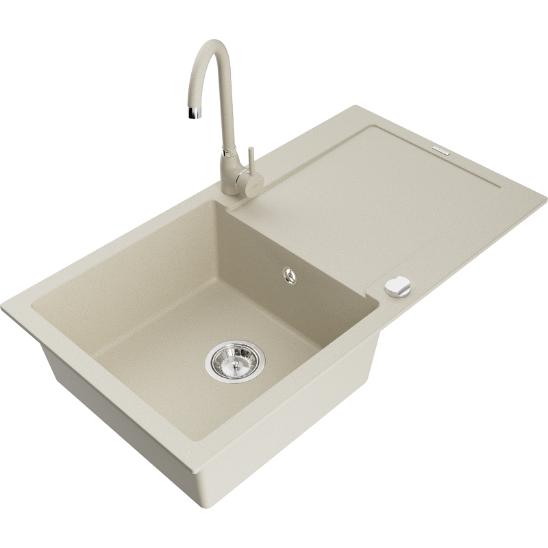 Mexen Leo granitový dřez 1-komorový s odkapávačem a kuchyňskou baterií Telma, béžový - 6501-69-670200-69