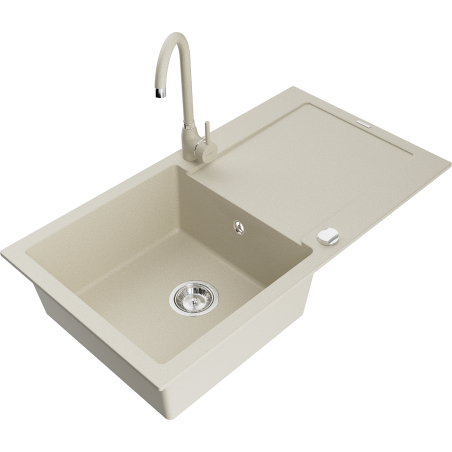 Mexen Leo granitový dřez 1-komorový s odkapávačem a kuchyňskou baterií Telma, béžový - 6501-69-670200-69