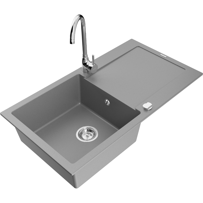 Mexen Leo granitový dřez 1-komorový s odkapávačem a kuchyňskou baterií Telma, šedý - 6501-71-670200-00