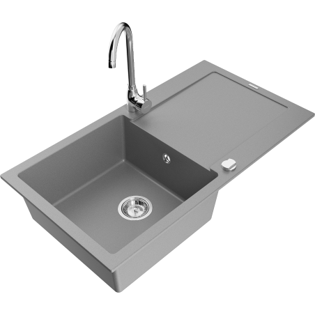 Mexen Leo granitový dřez 1-komorový s odkapávačem a kuchyňskou baterií Telma, šedý - 6501-71-670200-00
