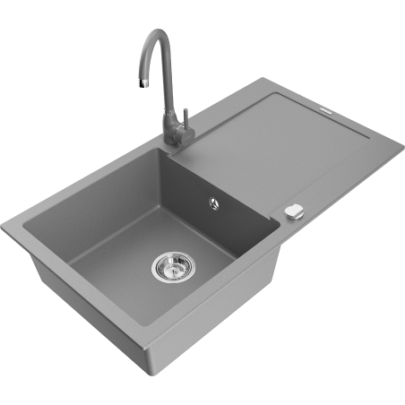 Mexen Leo granitový dřez 1-komorový s odkapávačem a kuchyňskou baterií Telma, šedý - 6501-71-670200-71