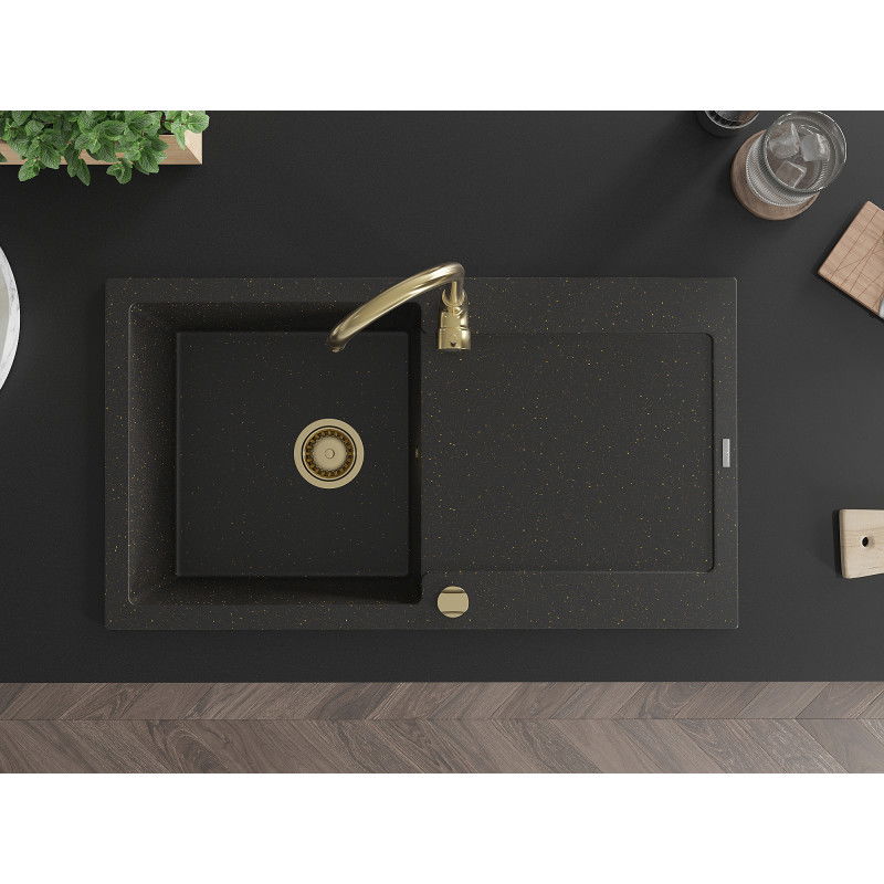 Mexen Leo granitový dřez 1-komorový s odkapávačem a kuchyňskou baterií Telma, černý/zlatý metalik - 6501-75-670200-50