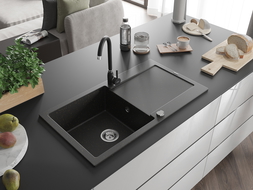 Mexen Leo granitový dřez s 1 komorou a odkapávačem a kuchyňskou baterií Telma, černý/zlatý metalik - 6501-75-670200-70