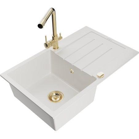 Mexen Bruno jednodřezový granitový dřez s odkapávačem a kuchyňskou baterií Duero, bílý - 6513-20-671600-50