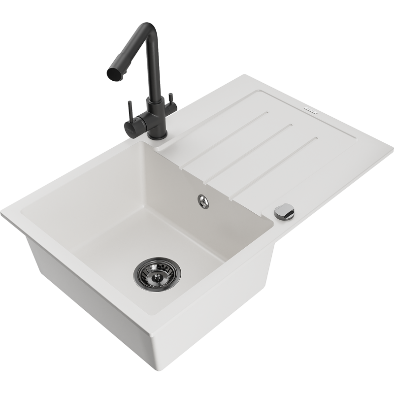 Mexen Bruno kuchyňský dřez granitový 1-komorový s odkapávačem a kuchyňskou baterií Duero, bílý - 6513-20-671600-70