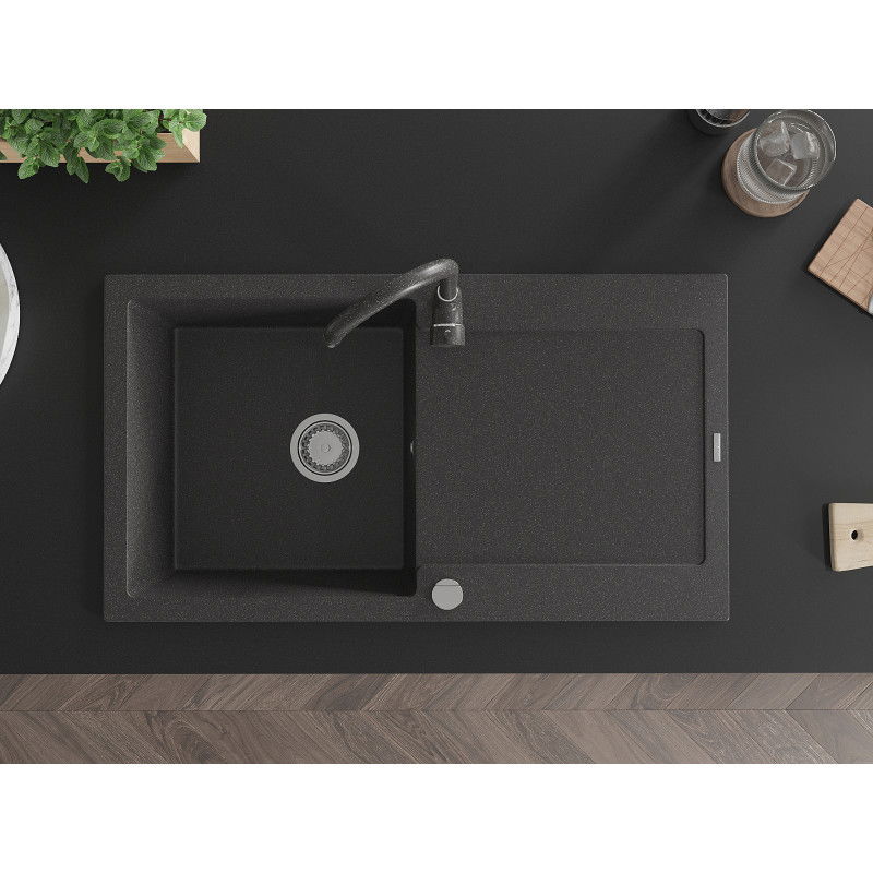 Mexen Leo granitový jednodřez s odkapávačem a kuchyňskou baterií Telma, černý tečkovaný - 6501-76-670200-76