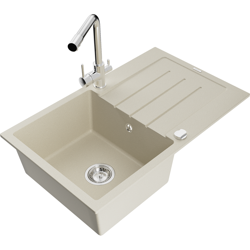 Mexen Bruno granitový dřez s odkapávačem a kuchyňskou baterií Duero, béžový - 6513-69-671600-00