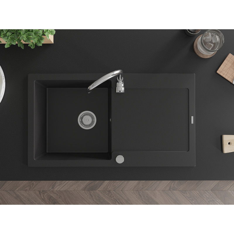 Mexen Leo jednodřezový granitový dřez s odkapávačem a kuchyňskou baterií Telma, černý - 6501-77-670200-00