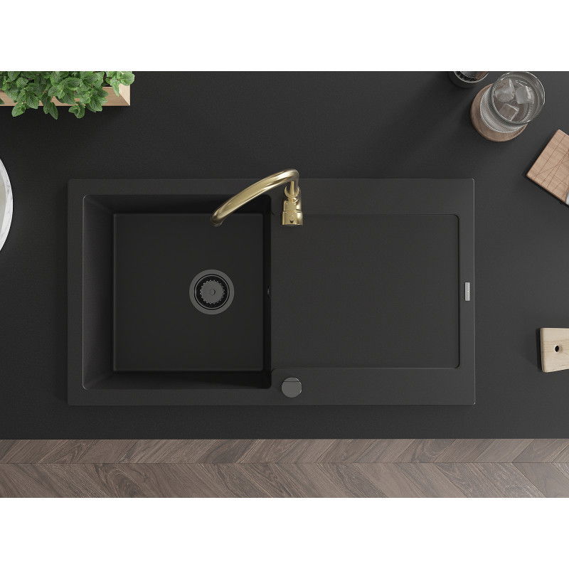 Mexen Leo kuchyňský dřez z granitu 1-komorový s odkapávačem a kuchyňskou baterií Telma, černý - 6501-77-670200-50