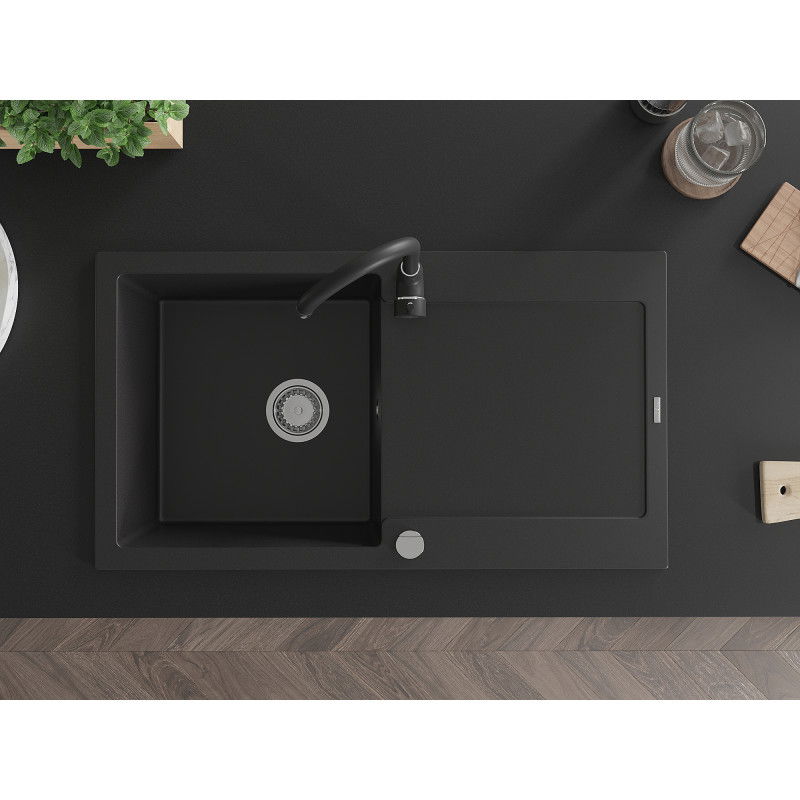 Mexen Leo granitový dřez 1-komorový s odkapávačem a kuchyňskou baterií Telma, černý - 6501-77-670200-70
