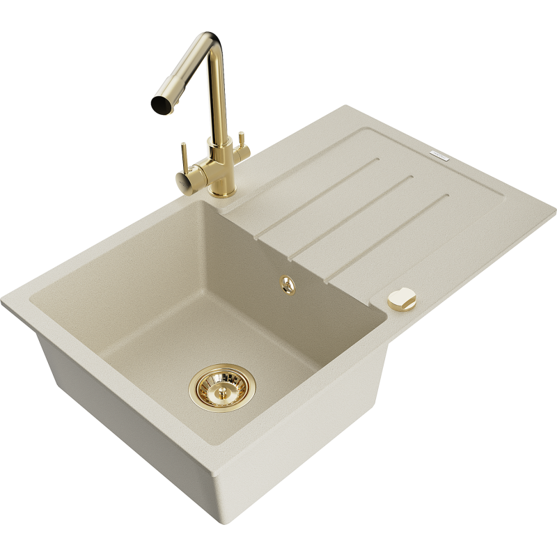 Mexen Bruno granitový dřez 1-komorový s odkapávačem a kuchyňskou baterií Duero, béžový - 6513-69-671600-50