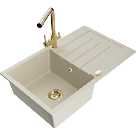 Mexen Bruno granitový dřez 1-komorový s odkapávačem a kuchyňskou baterií Duero, béžový - 6513-69-671600-50