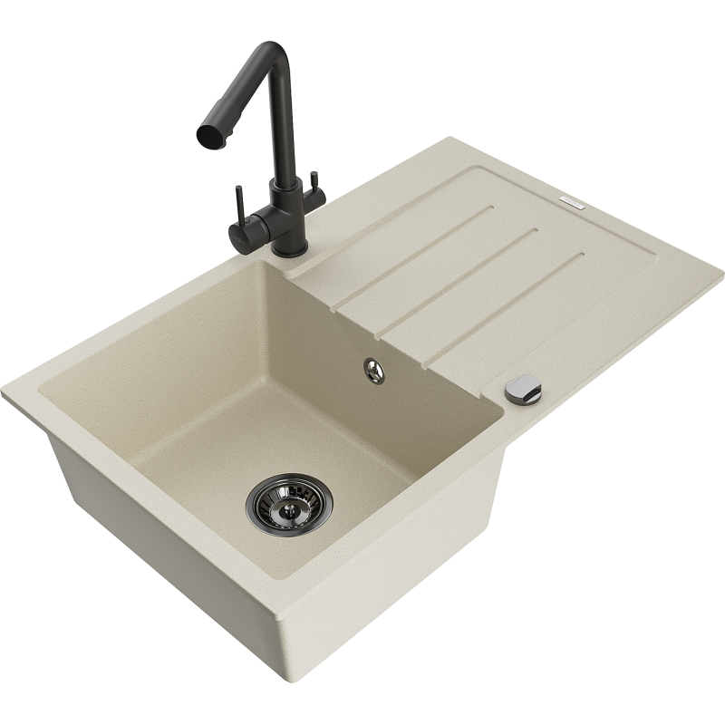 Mexen Bruno granitový dřez 1-komorový s odkapávačem a kuchyňskou baterií Duero, béžový - 6513-69-671600-70
