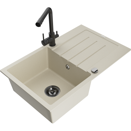Mexen Bruno granitový dřez 1-komorový s odkapávačem a kuchyňskou baterií Duero, béžový - 6513-69-671600-70