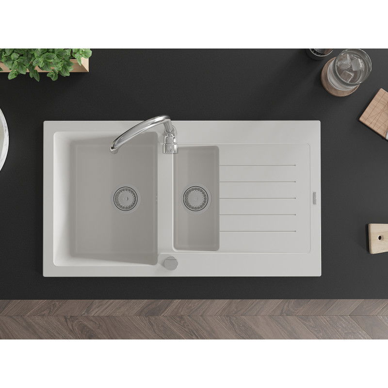 Mexen Matias granitový dřez 1,5-komorový s odkapávačem a kuchyňskou baterií Telma, bílý - 6502-20-670200-00