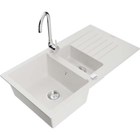 Mexen Matias granitový dřez 1,5-komorový s odkapávačem a kuchyňskou baterií Telma, bílý - 6502-20-670200-00