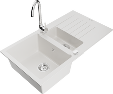 Mexen Matias granitový dřez 1,5-komorový s odkapávačem a kuchyňskou baterií Telma, bílý - 6502-20-670200-00