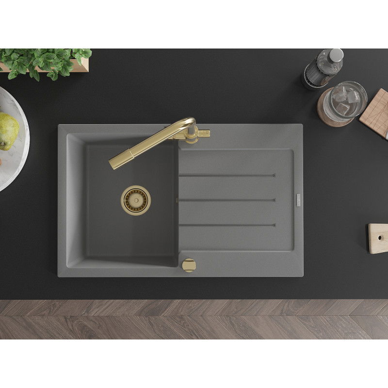 Mexen Bruno granitový dřez 1-komorový s odkapávačem a kuchyňskou baterií Duero, šedý - 6513-71-671600-50