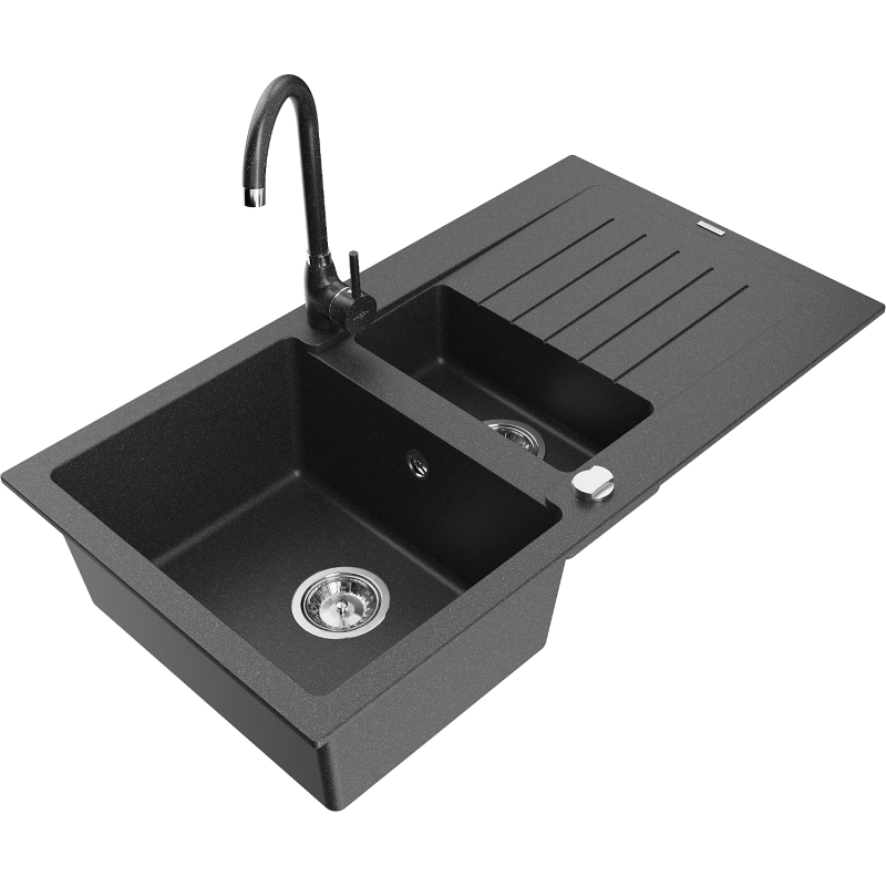 Mexen Matias žulový dřez 1,5-komorový s odkapávačem a kuchyňskou baterií Telma, černý tečkovaný - 6502-76-670200-76