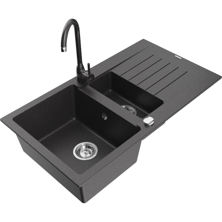 Mexen Matias žulový dřez 1,5-komorový s odkapávačem a kuchyňskou baterií Telma, černý tečkovaný - 6502-76-670200-76