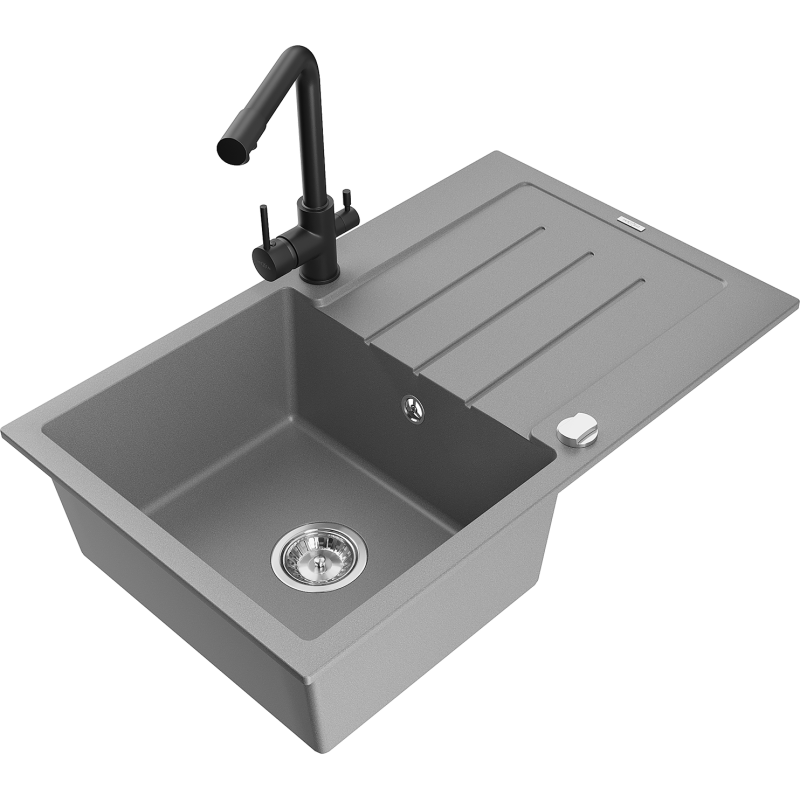 Mexen Bruno granitový dřez 1-komorový s odkapávačem a kuchyňskou baterií Duero, šedý - 6513-71-671600-70