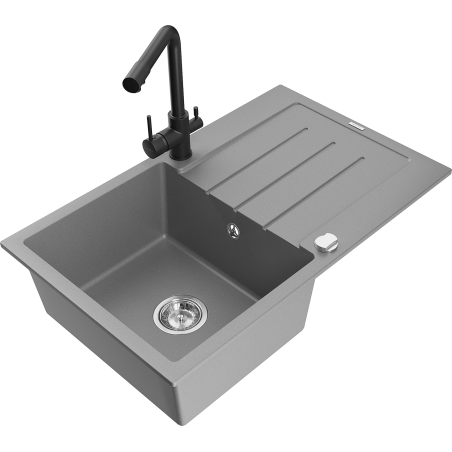 Mexen Bruno granitový dřez 1-komorový s odkapávačem a kuchyňskou baterií Duero, šedý - 6513-71-671600-70