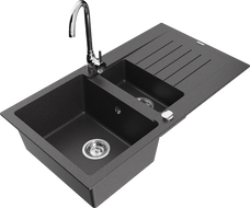 Mexen Matias granitový dřez 1,5 komorový s odkapávačem a kuchyňskou baterií Telma, černý s tečkami - 6502-76-670200-00