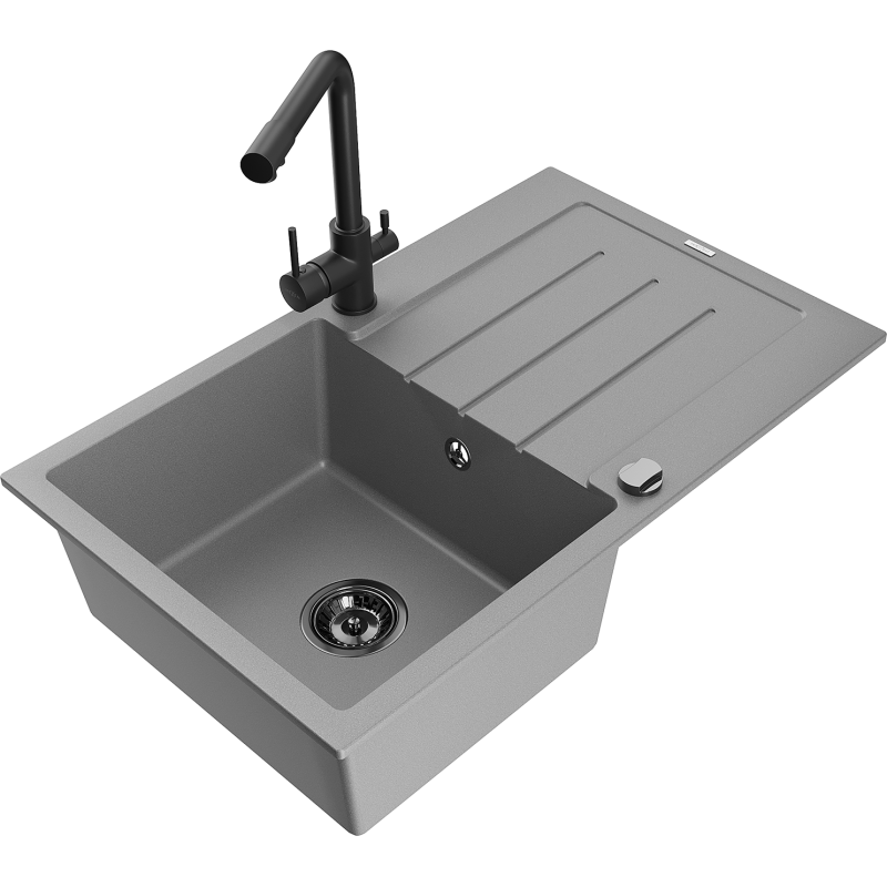 Mexen Bruno žulový dřez s jednou komorou, odkapávačem a kuchyňskou baterií Duero, šedý - 6513-71-671600-70-B