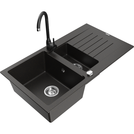 Mexen Matias granitový dřez 1,5-komorový s odkapávačem a kuchyňskou baterií Telma, černý/zlatý - 6502-75-670200-70