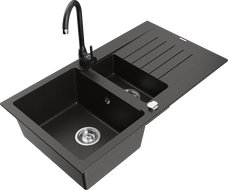 Mexen Matias granitový dřez 1,5-komorový s odkapávačem a kuchyňskou baterií Telma, černý/zlatý - 6502-75-670200-70