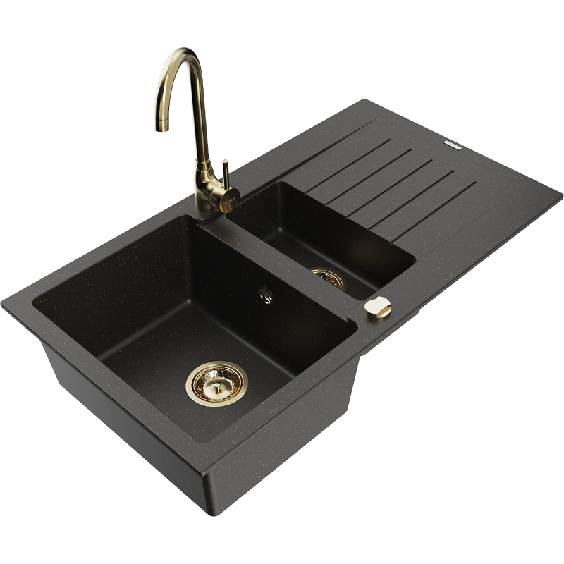 Mexen Matias 1,5-komorový granitový dřez s odkapávačem a kuchyňskou baterií Telma, černý/zlatý - 6502-75-670200-50
