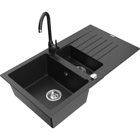 Mexen Matias granitový dřez 1,5-komorový s odkapávačem a kuchyňskou baterií Telma, černý/stříbrný - 6502-73-670200-70
