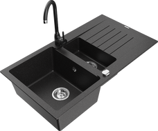 Mexen Matias granitový dřez 1,5-komorový s odkapávačem a kuchyňskou baterií Telma, černý/stříbrný - 6502-73-670200-70