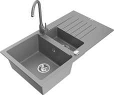 Mexen Matias žulový dřez s 1,5 komorami s odkapávačem a kuchyňskou baterií Telma, šedý - 6502-71-670200-71