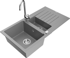 Mexen Matias dřez z granitu 1,5-komorový s odkapávačem a kuchyňskou baterií Telma, šedý - 6502-71-670200-00