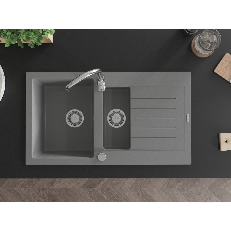 Mexen Matias dřez z granitu 1,5-komorový s odkapávačem a kuchyňskou baterií Telma, šedý - 6502-71-670200-00