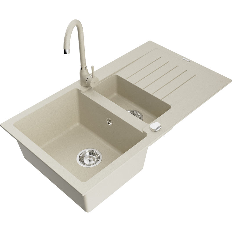 Mexen Matias granitový dřez 1,5-komorový s odkapávačem a kuchyňskou baterií Telma, béžový - 6502-69-670200-69