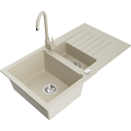 Mexen Matias granitový dřez 1,5-komorový s odkapávačem a kuchyňskou baterií Telma, béžový - 6502-69-670200-69