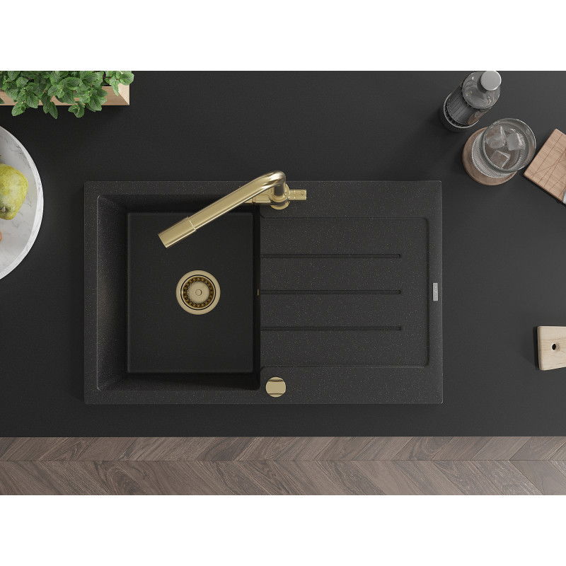 Mexen Bruno granitový dřez 1-komorový s odkapávačem a kuchyňskou baterií Duero, černý/stříbrný metalik - 6513-73-671600-50