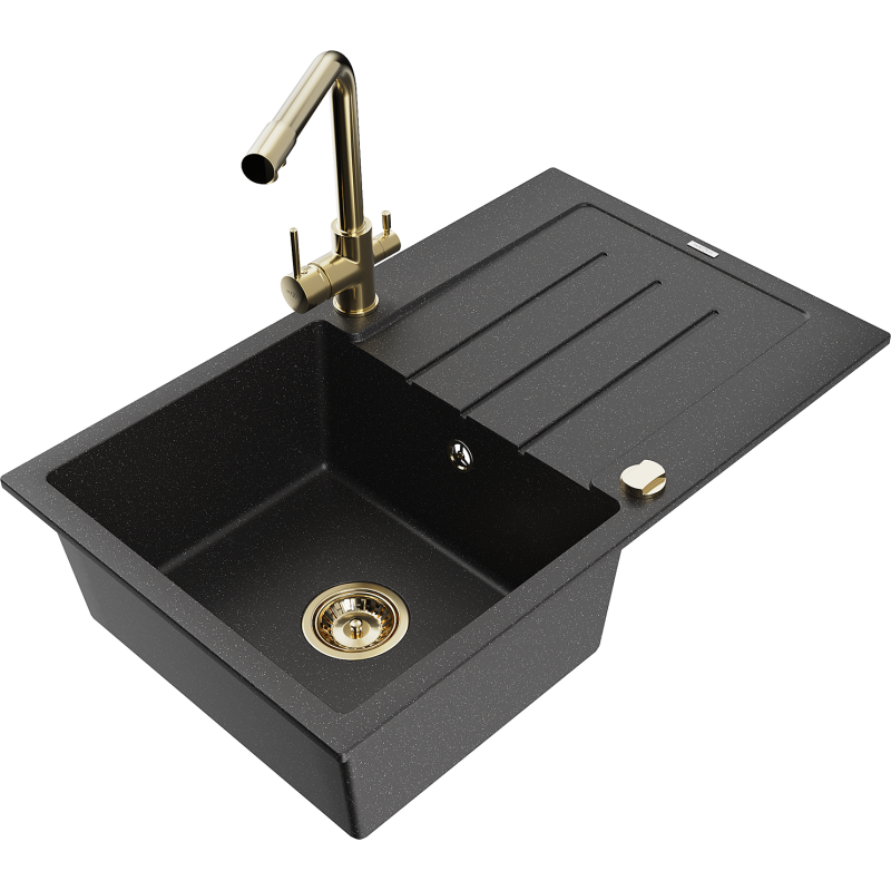 Mexen Bruno granitový dřez 1-komorový s odkapávačem a kuchyňskou baterií Duero, černý/stříbrný metalik - 6513-73-671600-50