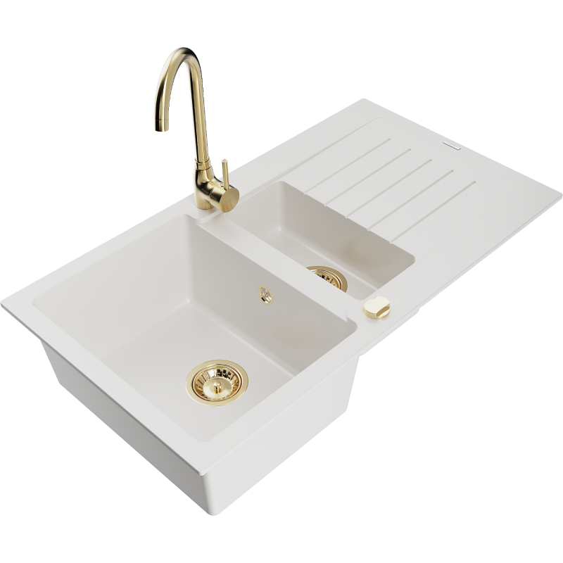 Mexen Matias žulový dřez 1,5-komorový s odkapávačem a kuchyňskou baterií Telma, bílý - 6502-20-670200-50