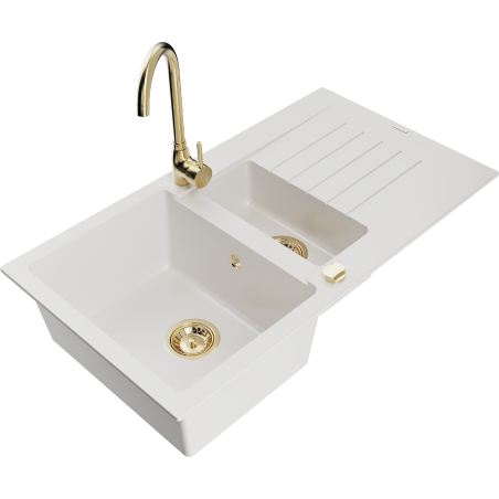 Mexen Matias žulový dřez 1,5-komorový s odkapávačem a kuchyňskou baterií Telma, bílý - 6502-20-670200-50